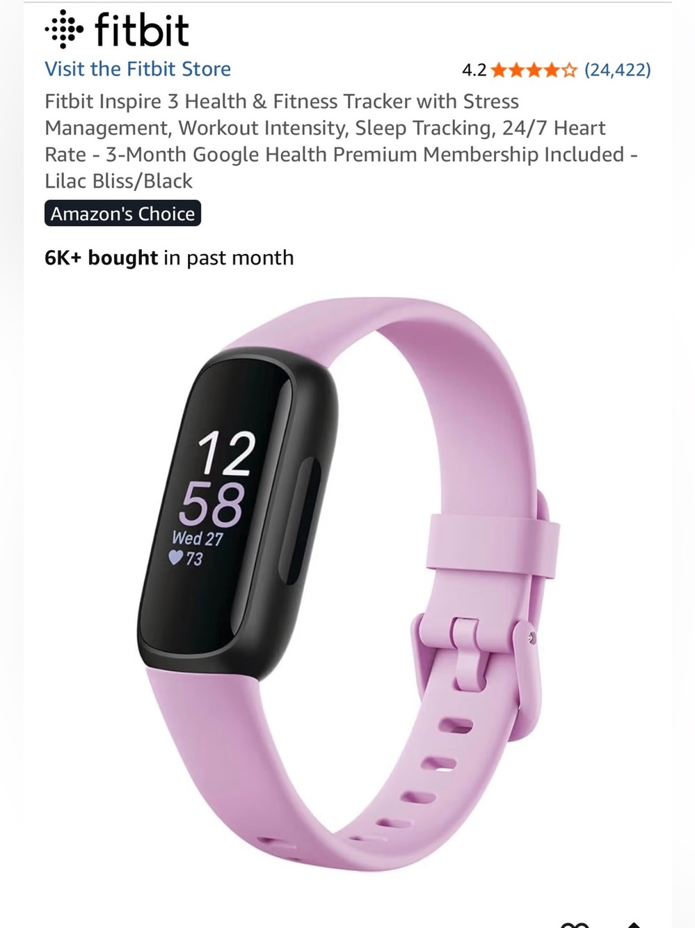 Fitbit Inspire 3 Fitness Tracker - Lilac Band (charger included)